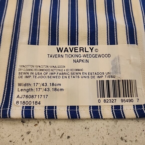 NWT Waverly Tavern Ticking Wedgewood Cloth Napkins Blue Stripes Set Of 4 Cotton - Picture 3 of 3